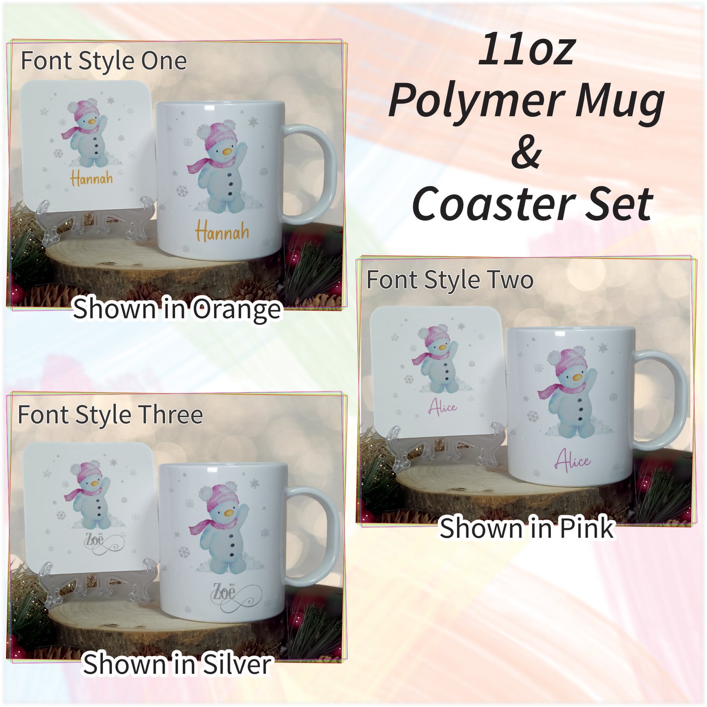 Pink Snowman Childrens Unbreakable Christmas Mug - Hot Chocolate Mug and Coaster Set