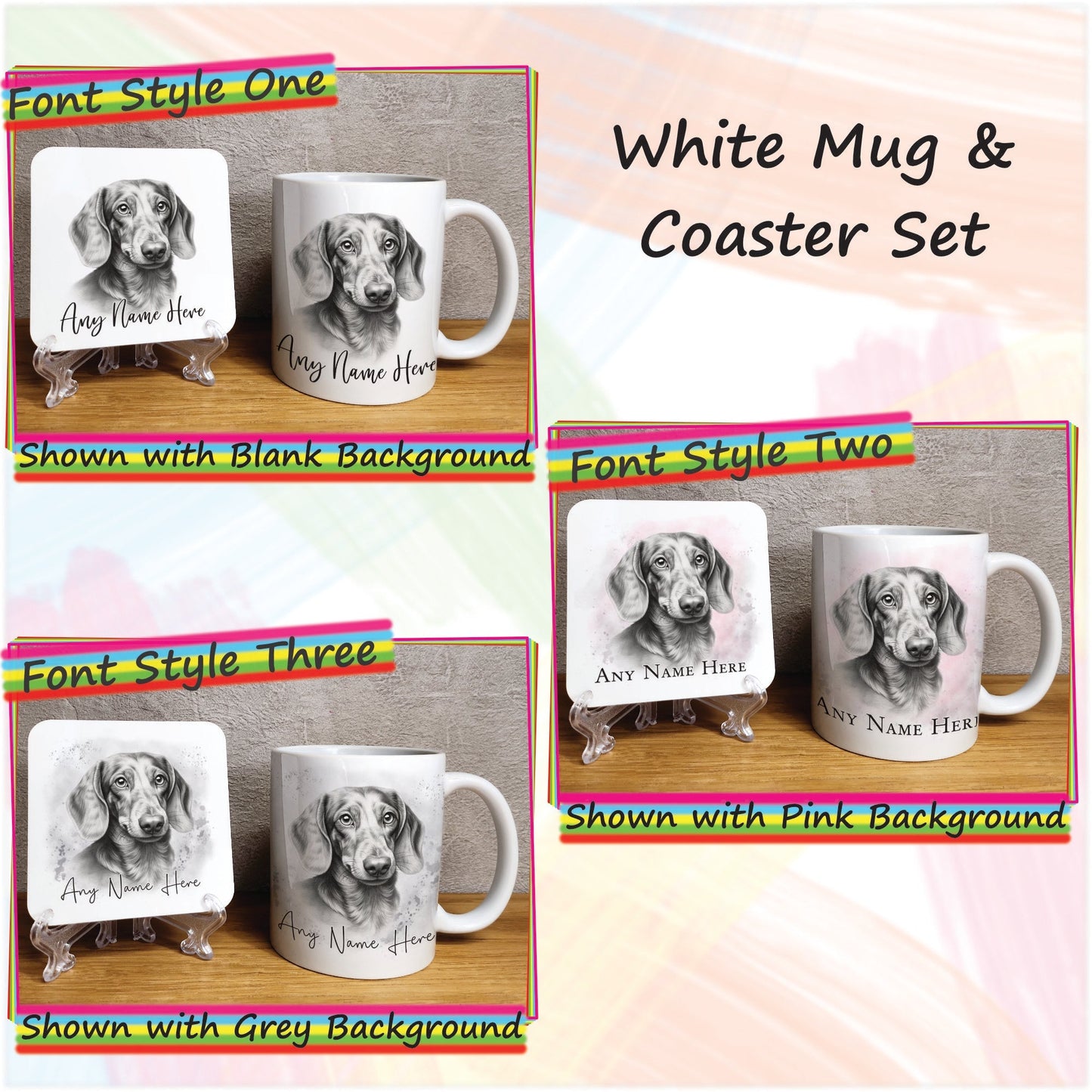 Personalised Sketched Daschund 11oz Ceramic Mug & Coaster Set