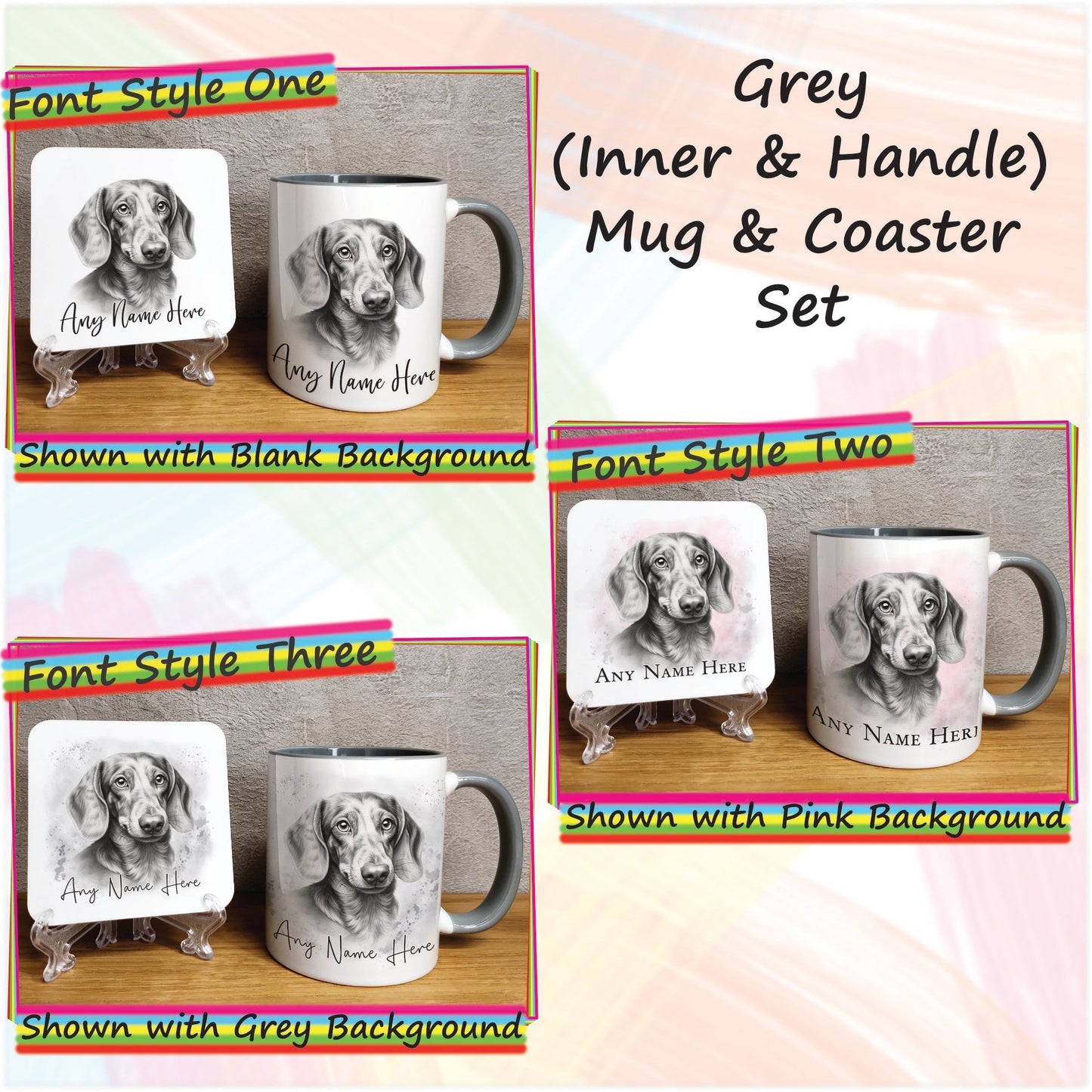 Custom Sketched Daschund Mug, Personalised Mug & Coaster Set