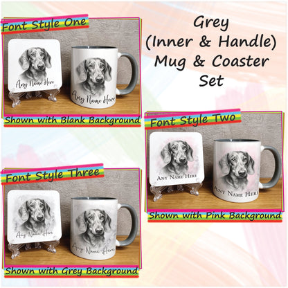 Custom Sketched Daschund Mug, Personalised Mug & Coaster Set