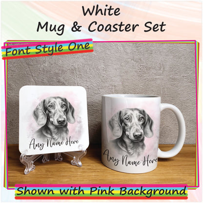 Custom Sketched Daschund Mug, Personalised Mug & Coaster Set