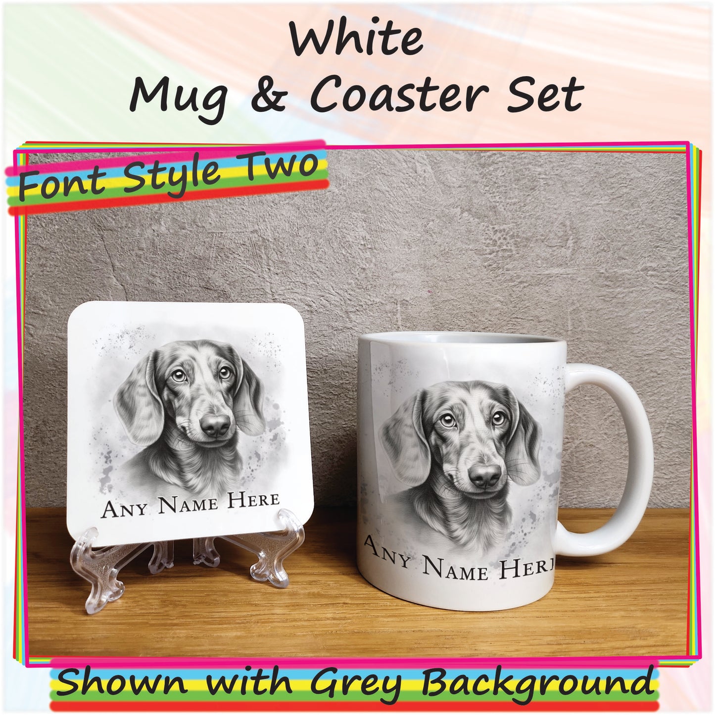 Personalised Sketched Daschund 11oz Ceramic Mug & Coaster Set