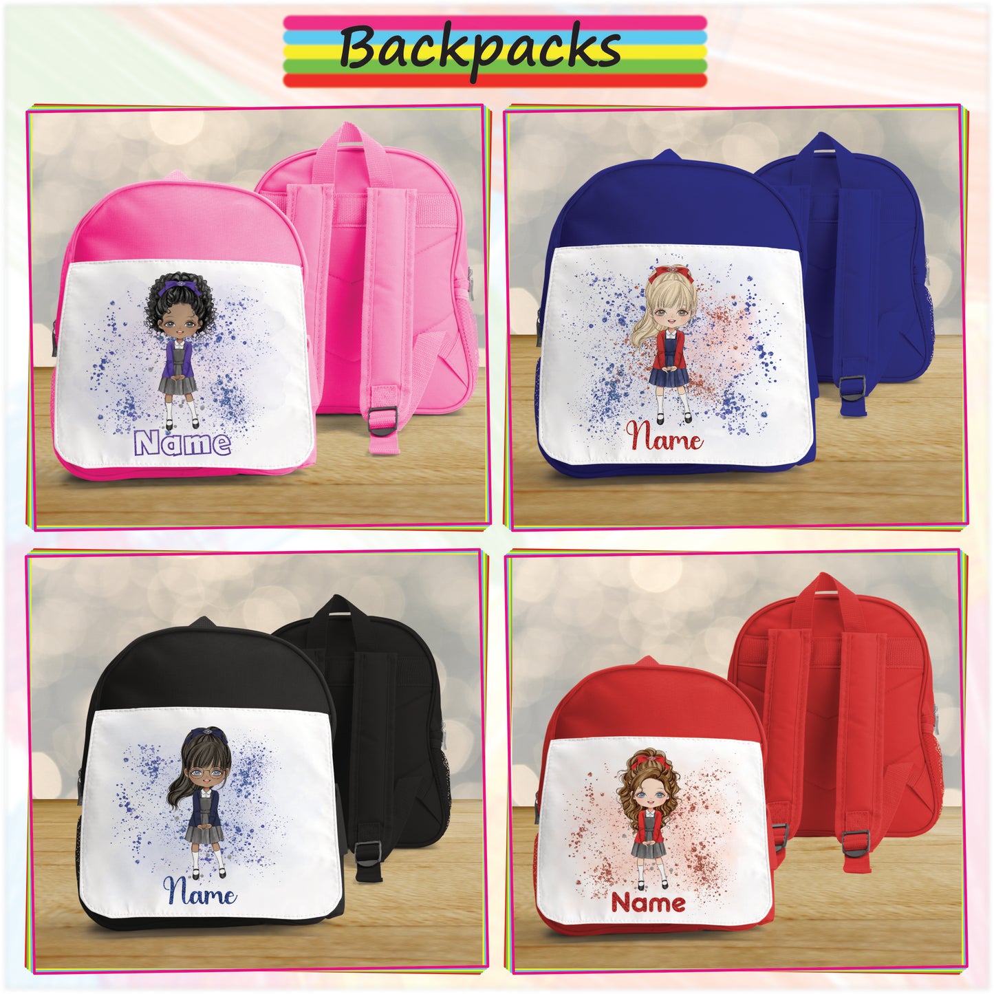 Personalised School Girl Bottle, Backpack and Lunch Bag Bundle