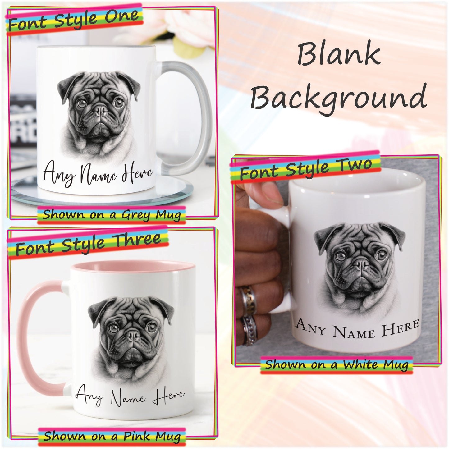 Personalised Sketched Pug 11oz Ceramic Mug & Coaster Set