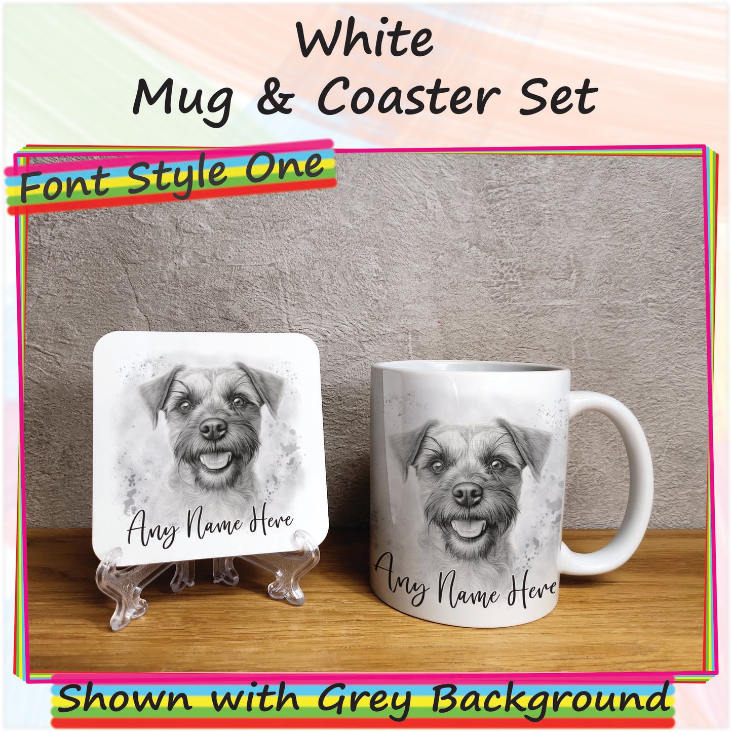 Personalised Sketched Border Terrier 11oz Ceramic Mug & Coaster Set