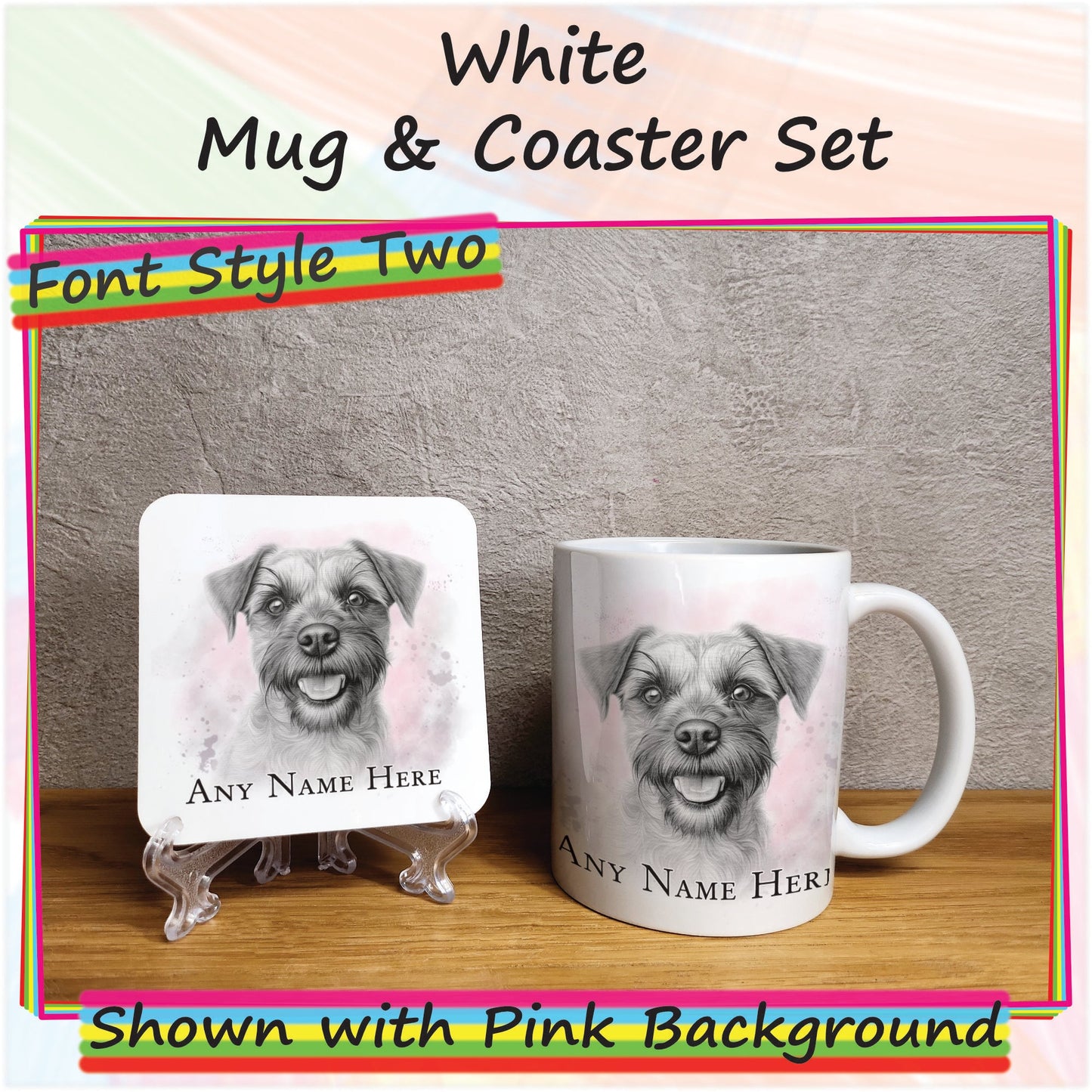 Custom Sketched Border Terrier Mug & Coaster Set, Personalised Dog Mug