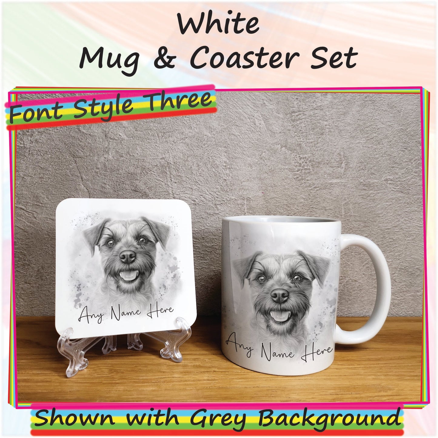 Custom Sketched Border Terrier Mug & Coaster Set, Personalised Dog Mug