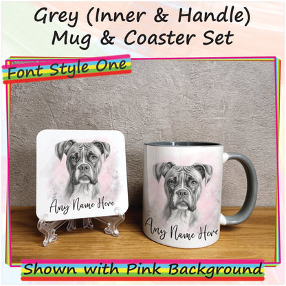 Custom Dog Mug & Coaster Set, Personalised Sketched Boxer Dog Mug