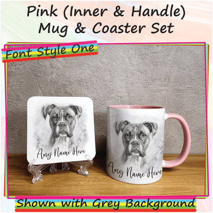 Custom Dog Mug, Personalised Sketched Boxer Dog Mug & Coaster Set