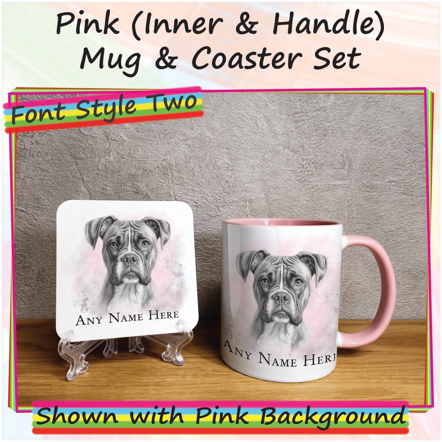 Custom Dog Mug & Coaster Set, Personalised Sketched Boxer Dog Mug