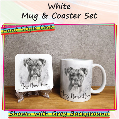 Custom Dog Mug, Personalised Sketched Boxer Dog Mug & Coaster Set