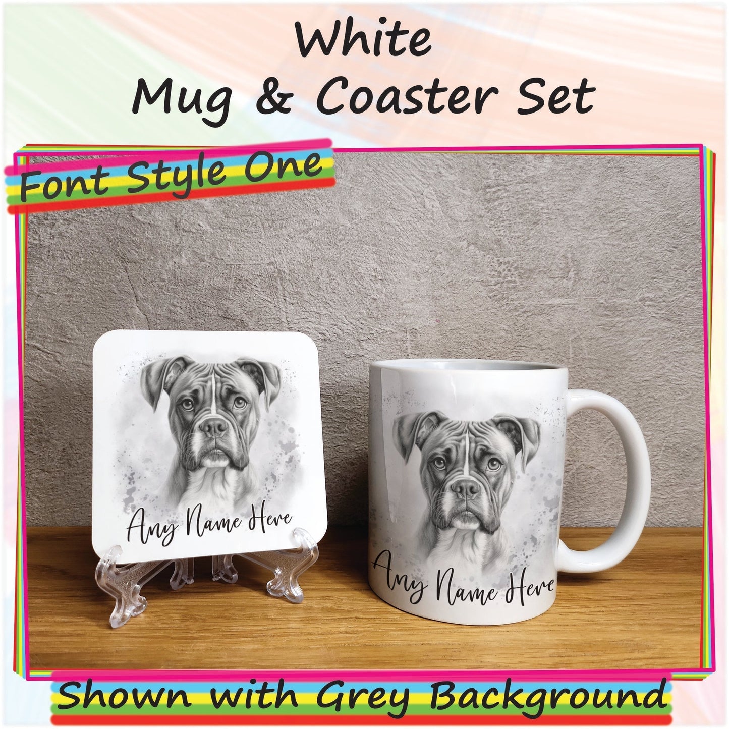 Custom Dog Mug & Coaster Set, Personalised Sketched Boxer Dog Mug