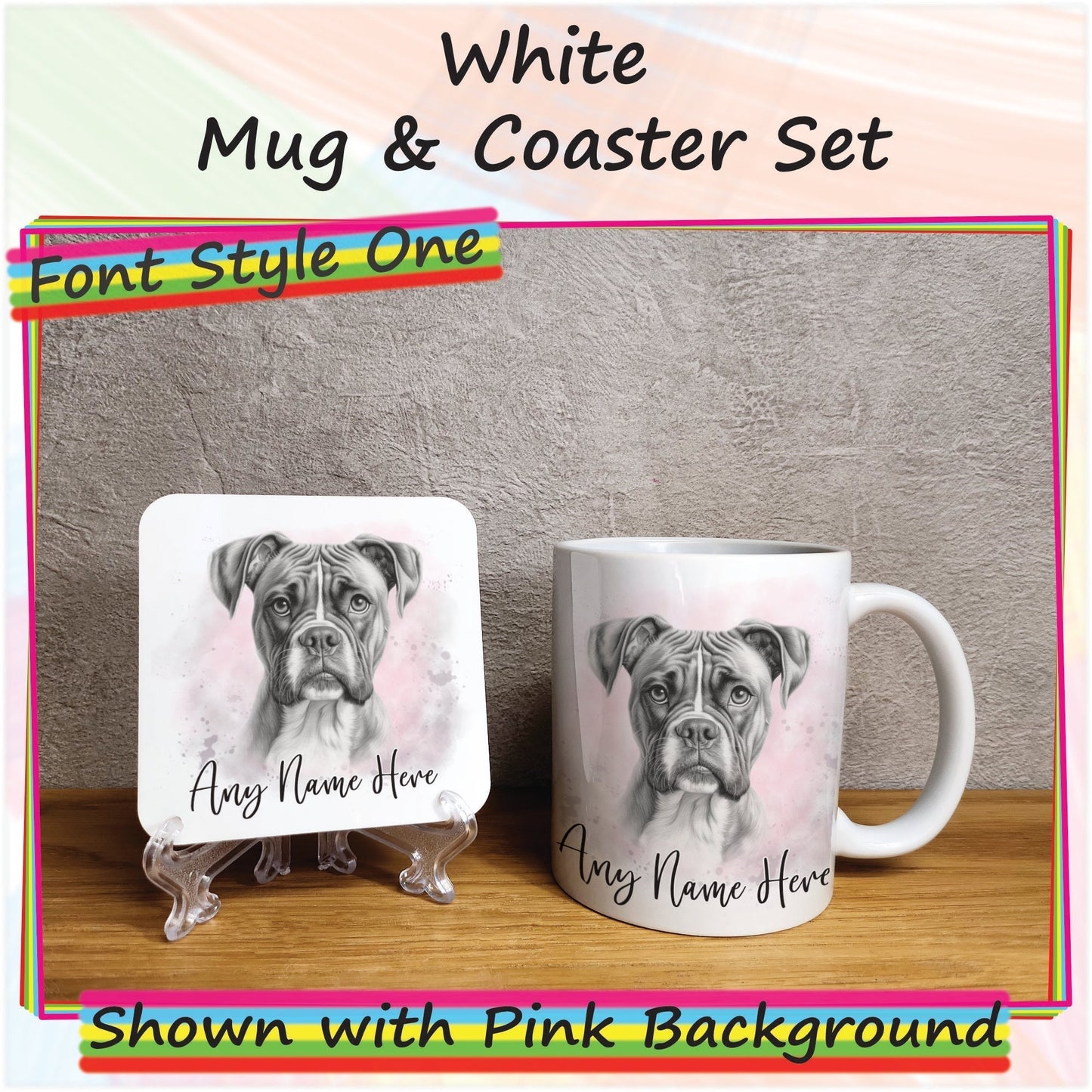 Custom Dog Mug & Coaster Set, Personalised Sketched Boxer Dog Mug