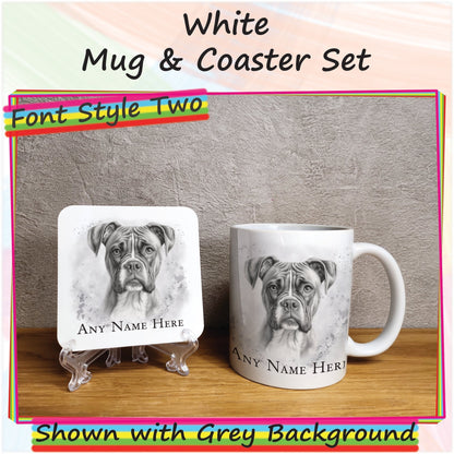 Custom Dog Mug & Coaster Set, Personalised Sketched Boxer Dog Mug