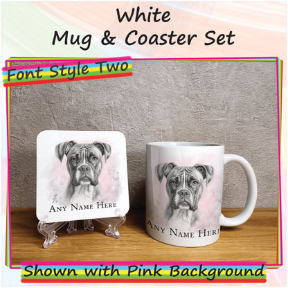 Custom Dog Mug, Personalised Sketched Boxer Dog Mug & Coaster Set