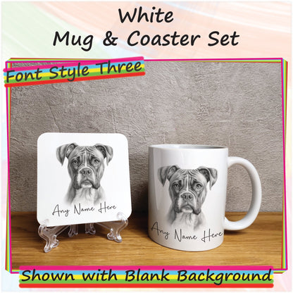 Custom Dog Mug & Coaster Set, Personalised Sketched Boxer Dog Mug