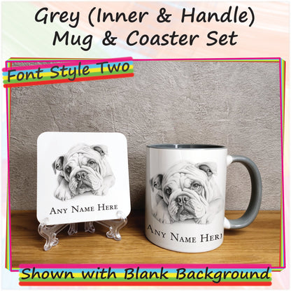 Custom Sketched Bulldog Mug & Coaster Set, Personalised Dog Mug