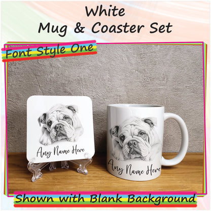 Personalised Sketched Bulldog Mug & Coaster Set, Custom Dog Mug