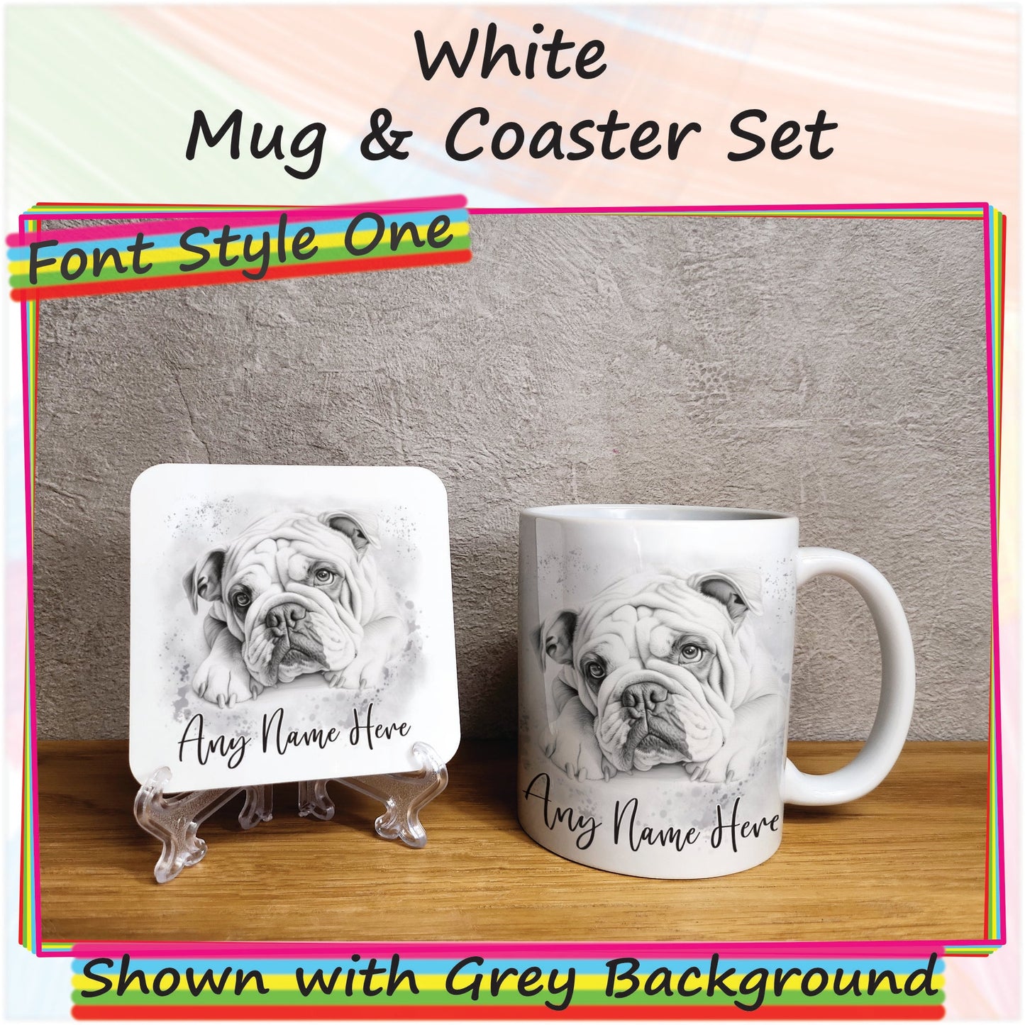 Personalised Sketched Bulldog Mug & Coaster Set, Custom Dog Mug