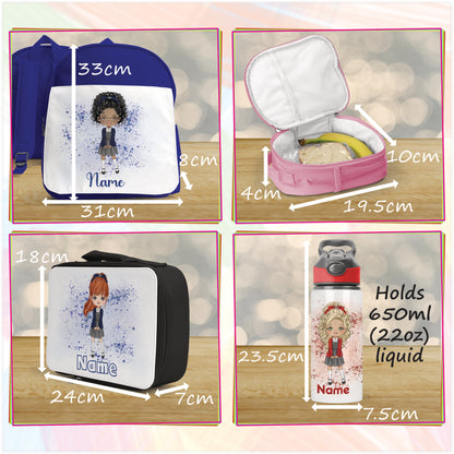 Personalised School Girl Bottle, Backpack and Lunch Bag Bundle