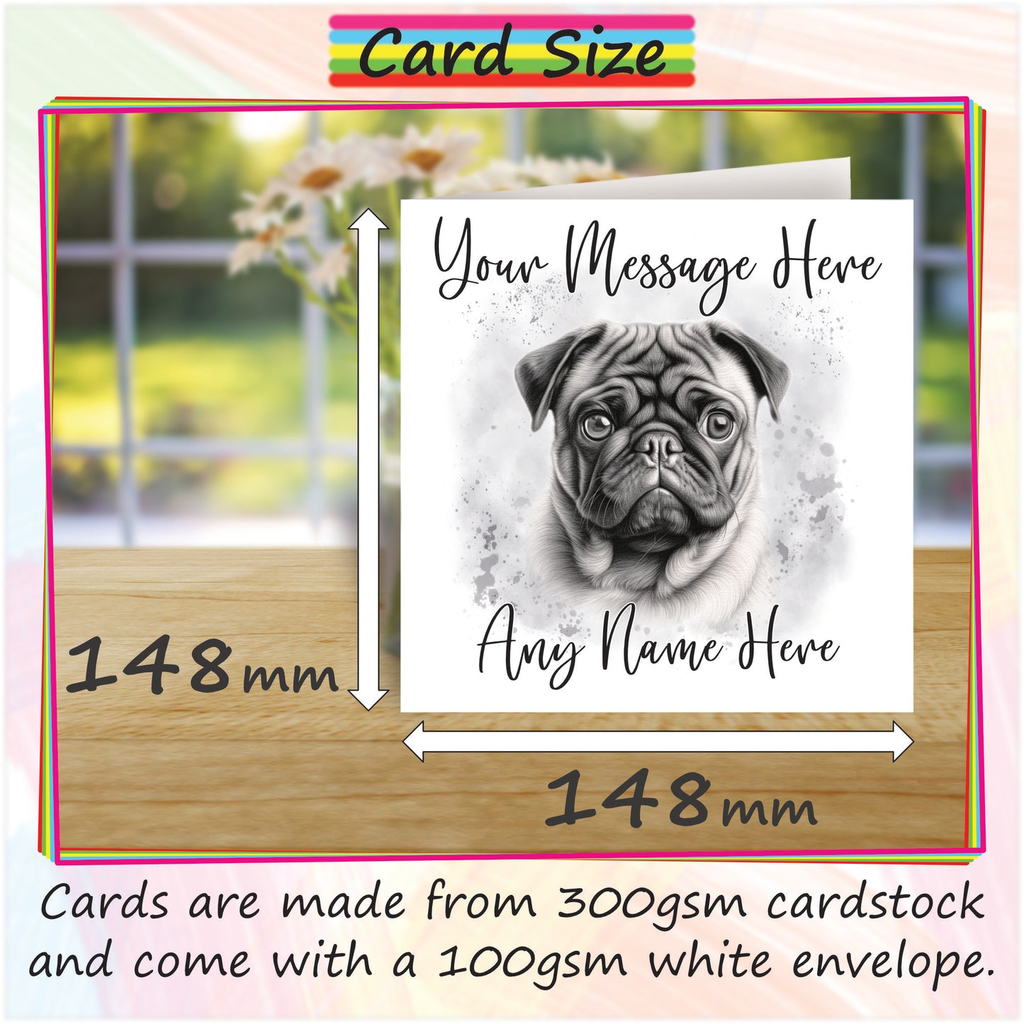 Personalised Pug Dog Card - Custom Hand Drawn Sketched Dog Art