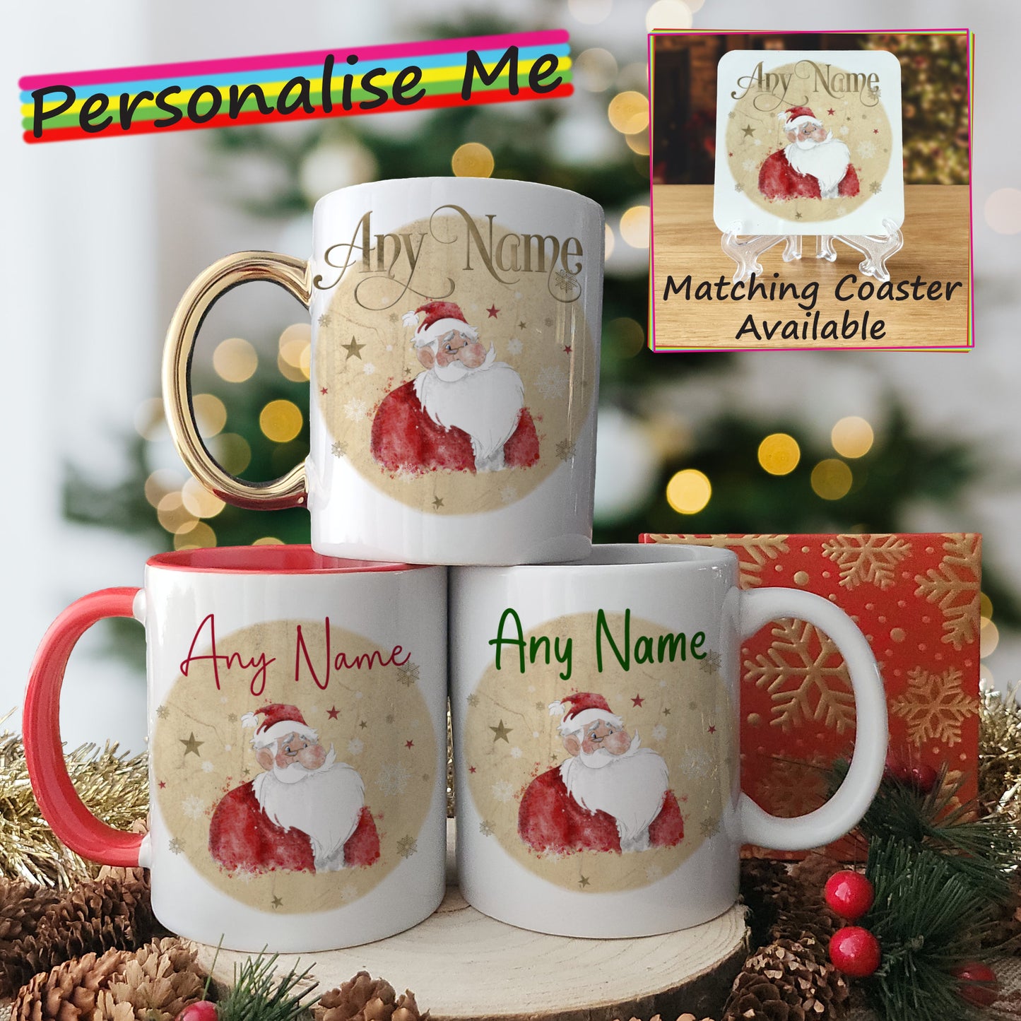 Cartoon Santa Father Christmas Mug and Coaster Set - Hot Chocolate Mug with Name