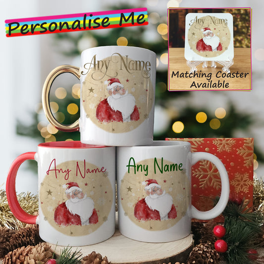 Cartoon Santa Father Christmas Mug and Coaster Set - Hot Chocolate Mug with Name