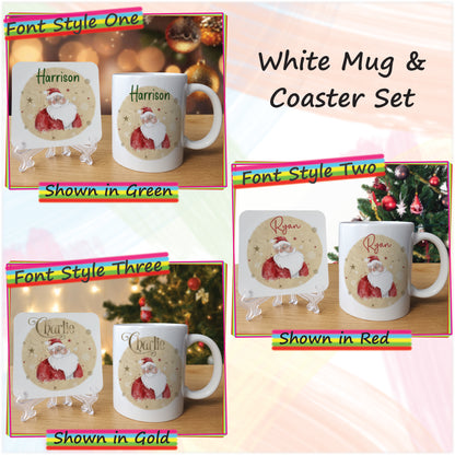 Cartoon Santa Father Christmas Mug and Coaster Set - Hot Chocolate Mug with Name