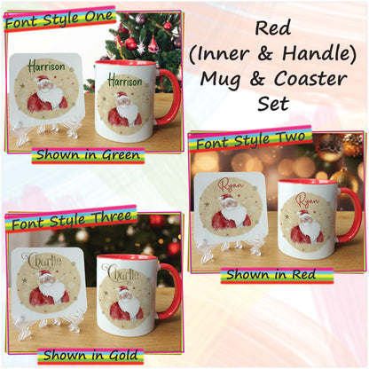 Cartoon Santa Father Christmas Mug and Coaster Set - Hot Chocolate Mug with Name