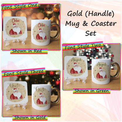 Cartoon Santa Father Christmas Mug and Coaster Set - Hot Chocolate Mug with Name