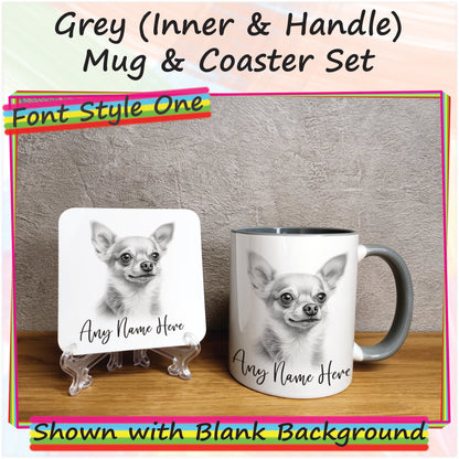 Custom Dog Mug, Personalised Sketched Chihuahua Mug & Coaster Set