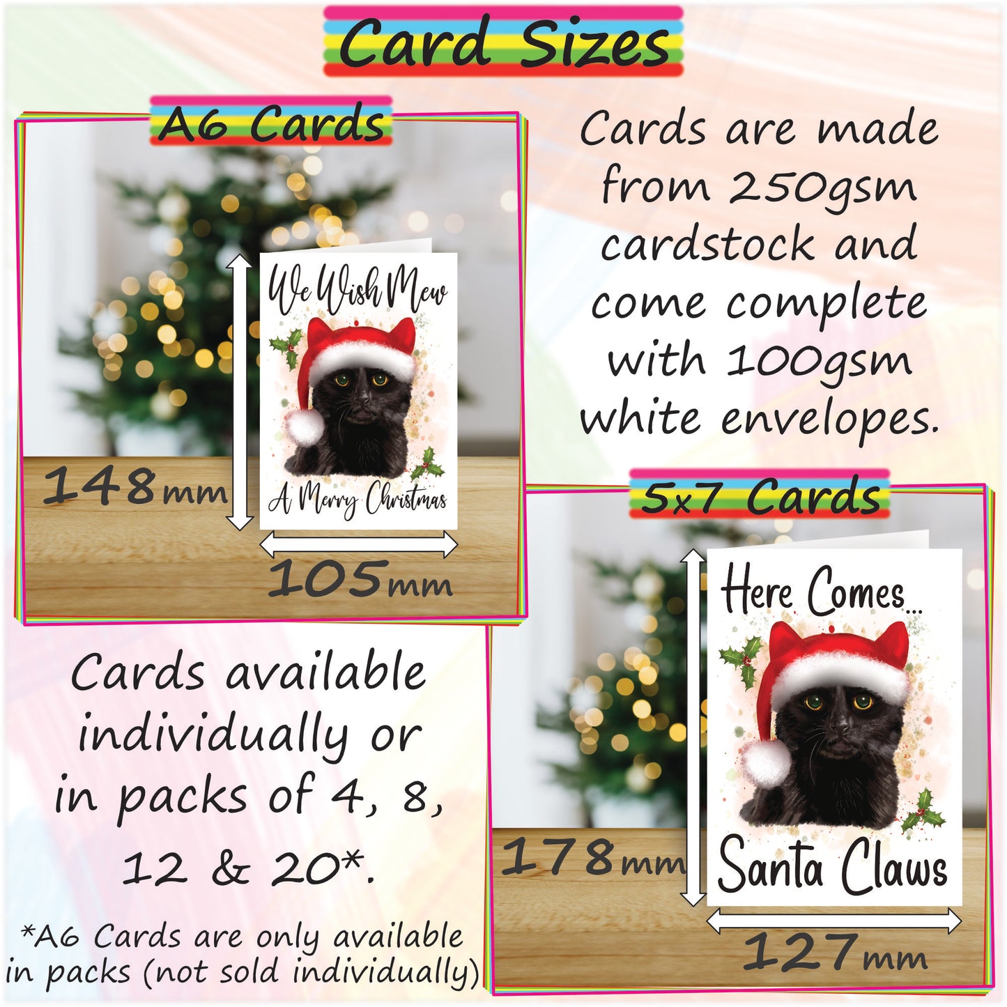 Personalised Black Cat in Santa Hat Christmas Card - Seasonal Greetings Card for Cat Lovers