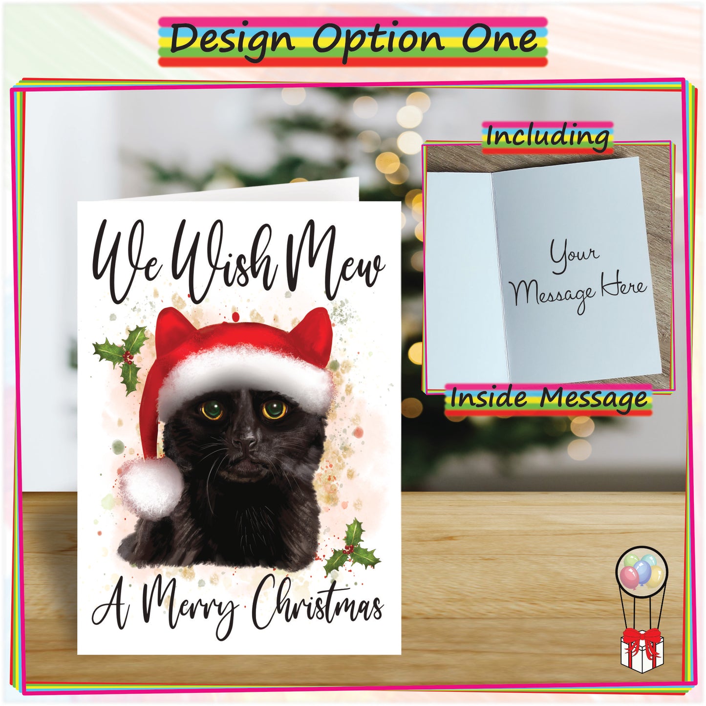 Personalised Black Cat in Santa Hat Christmas Card - Seasonal Greetings Card for Cat Lovers