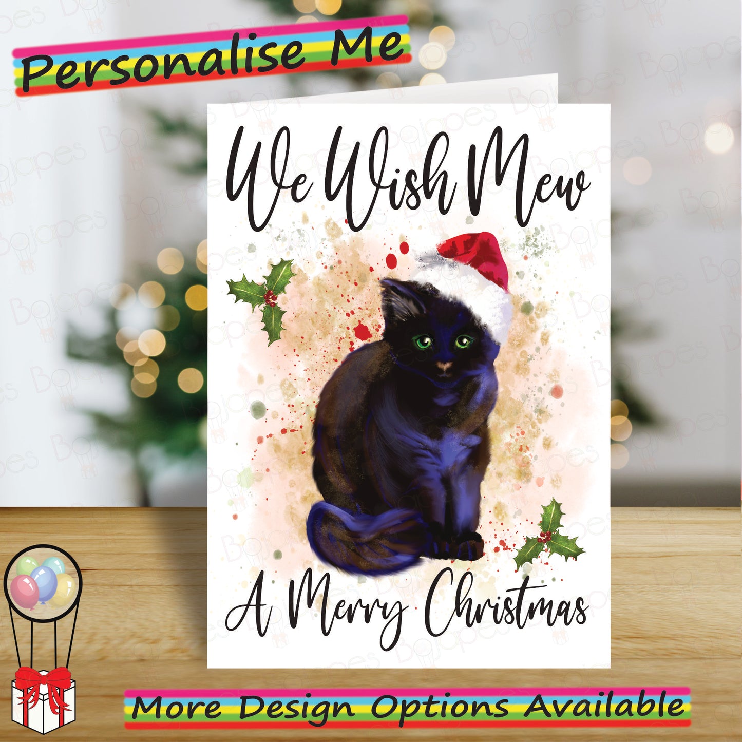 Personalised Black Cat Christmas Card - Seasonal Greetings Card for Cat Lovers