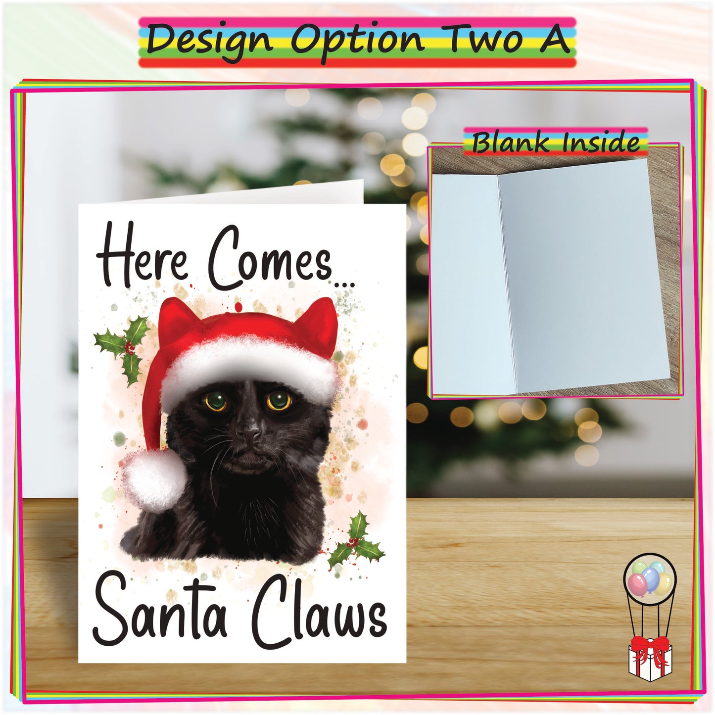 Personalised Black Cat in Santa Hat Christmas Card - Seasonal Greetings Card for Cat Lovers