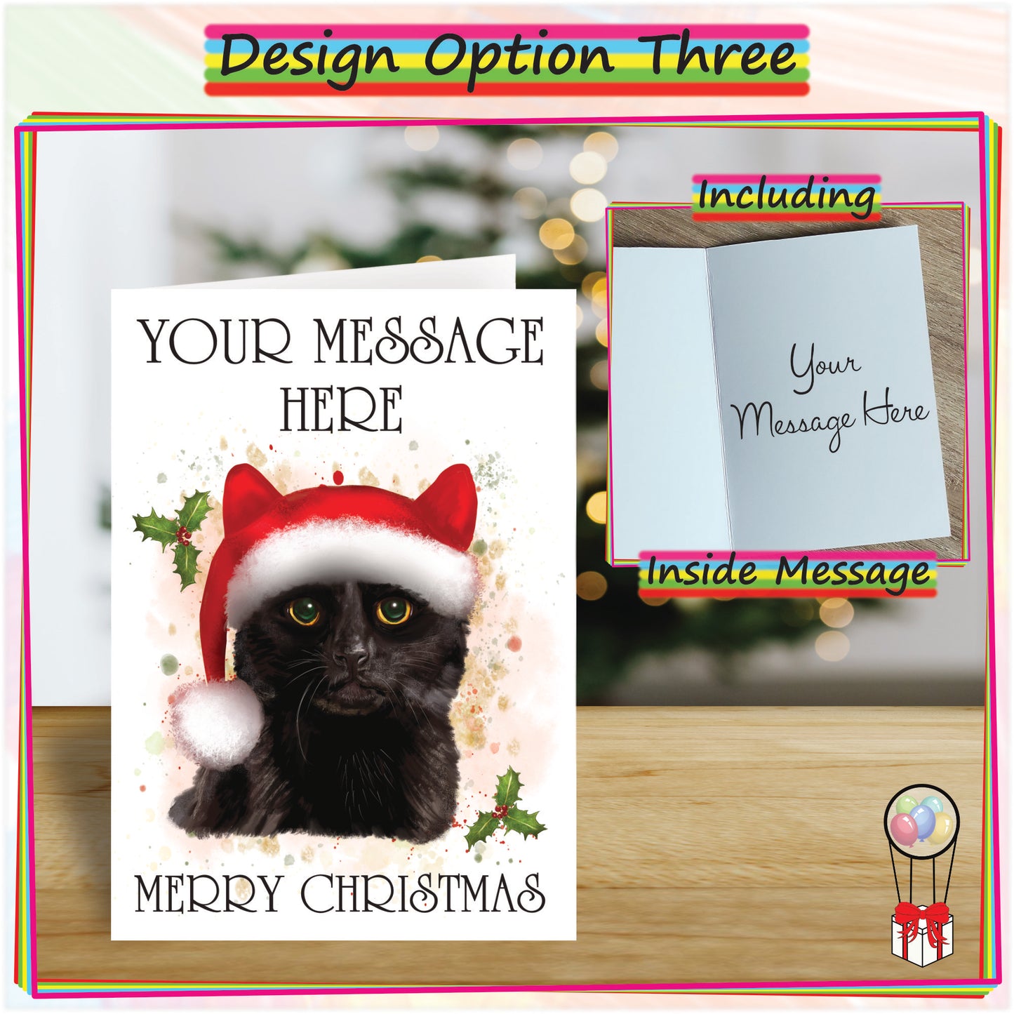 Personalised Black Cat in Santa Hat Christmas Card - Seasonal Greetings Card for Cat Lovers