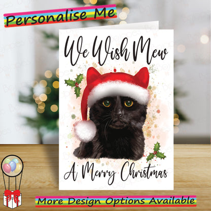 Personalised Black Cat in Santa Hat Christmas Card - Seasonal Greetings Card for Cat Lovers