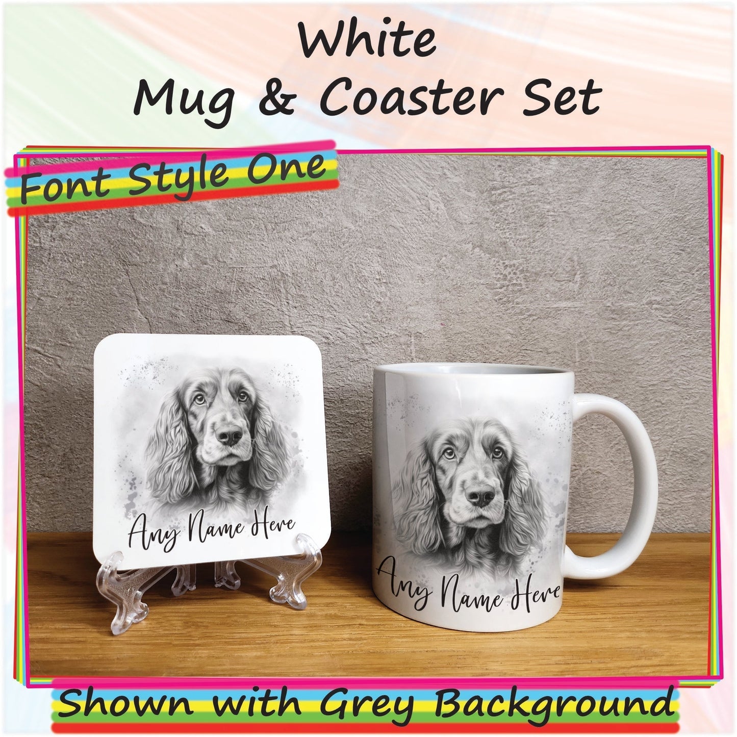 Custom Cocker Spaniel Mug & Coaster Set, Personalised Sketched Dog Mug