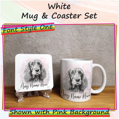 Custom Cocker Spaniel Mug & Coaster Set, Personalised Sketched Dog Mug