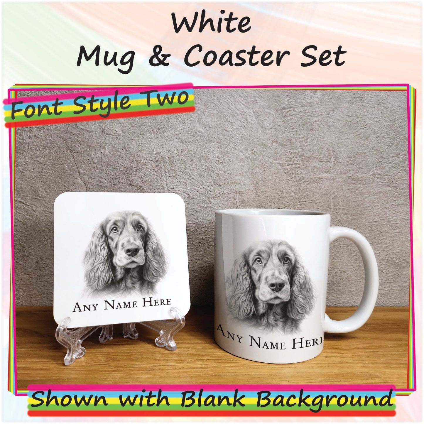 Custom Cocker Spaniel Mug & Coaster Set, Personalised Sketched Dog Mug