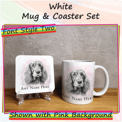 Custom Cocker Spaniel Mug & Coaster Set, Personalised Sketched Dog Mug