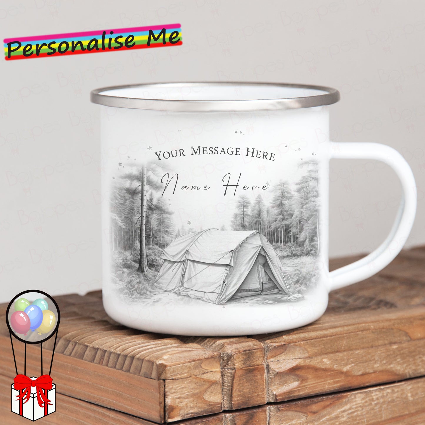 Personalised Enamel Camping Mug - Custom Traditional Tent Metal Tin Mug