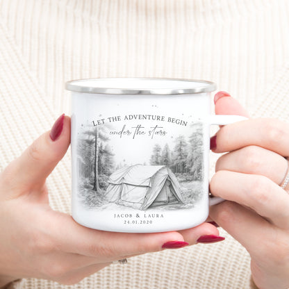 Personalised Enamel Camping Mug - Custom Traditional Tent Metal Tin Mug