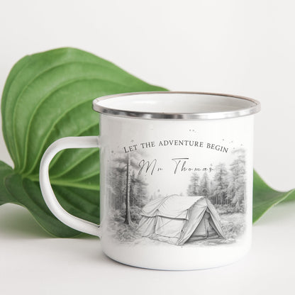 Personalised Enamel Camping Mug - Custom Traditional Tent Metal Tin Mug