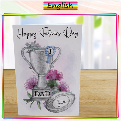 Personalised Fathers Day Card For Scottish Rugby Fan - Scotland Rugby Trophy Card