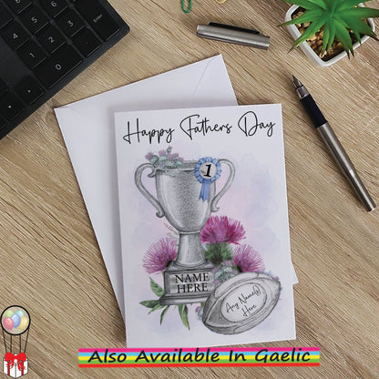 Personalised Fathers Day Card For Scottish Rugby Fan - Scotland Rugby Trophy Card