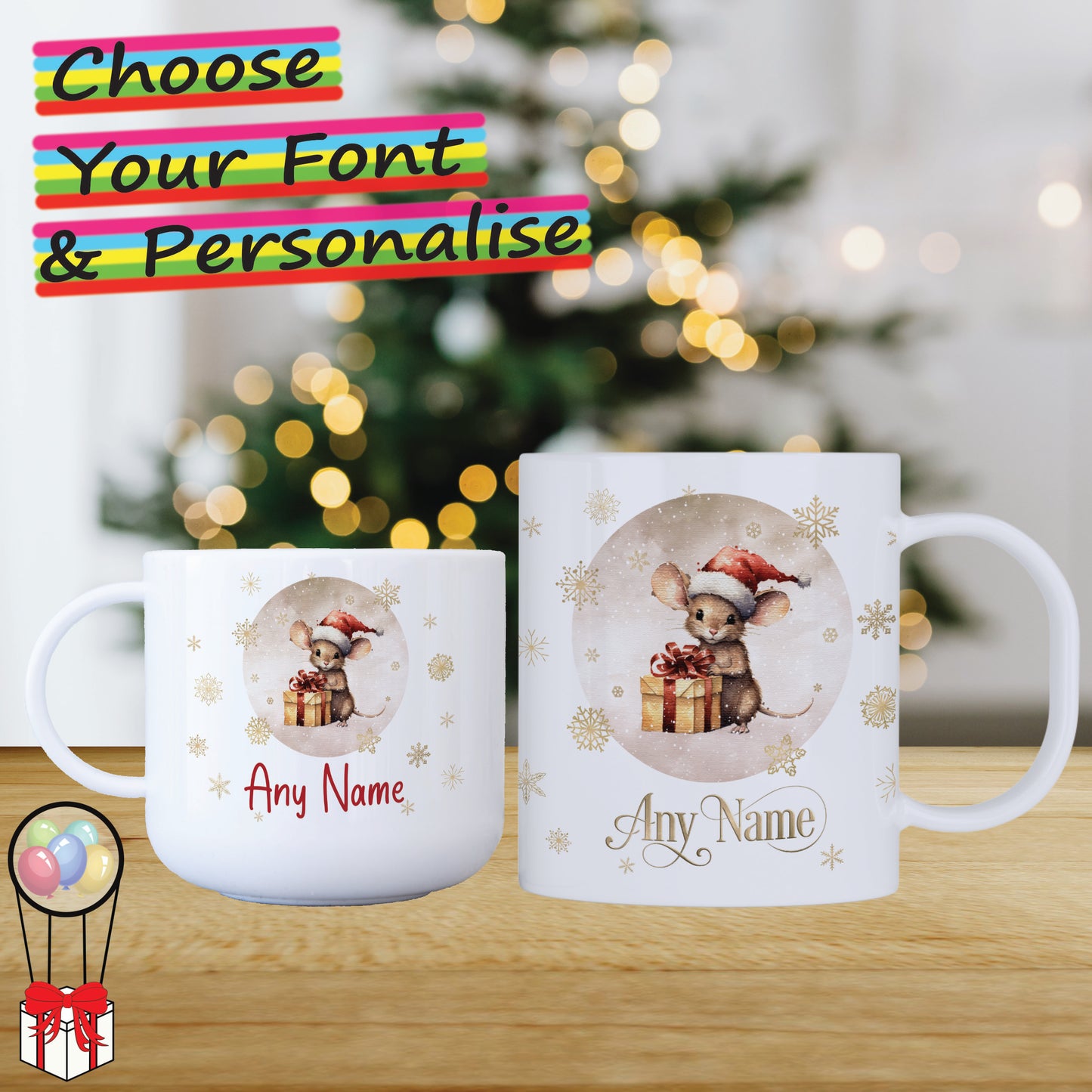 Mouse with Gifts Personalised Unbreakable Christmas Mug for Kids - Hot Chocolate Mug with Name