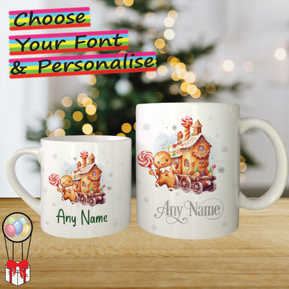 Gingerbread Train Personalised Christmas Mug for Kids - Hot Chocolate Mug with Name