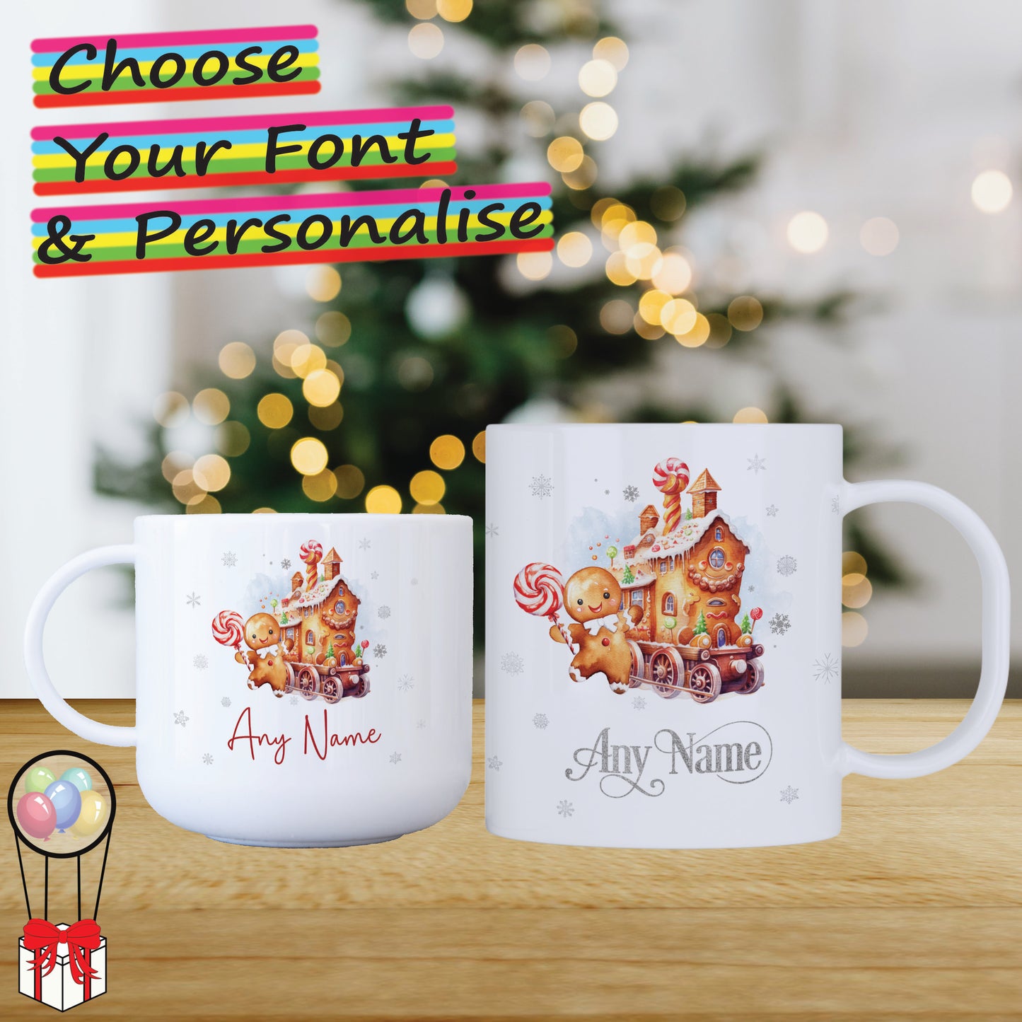 Gingerbread Train Unbreakable Personalised Kids Christmas Mug - Hot Chocolate Mug with Name