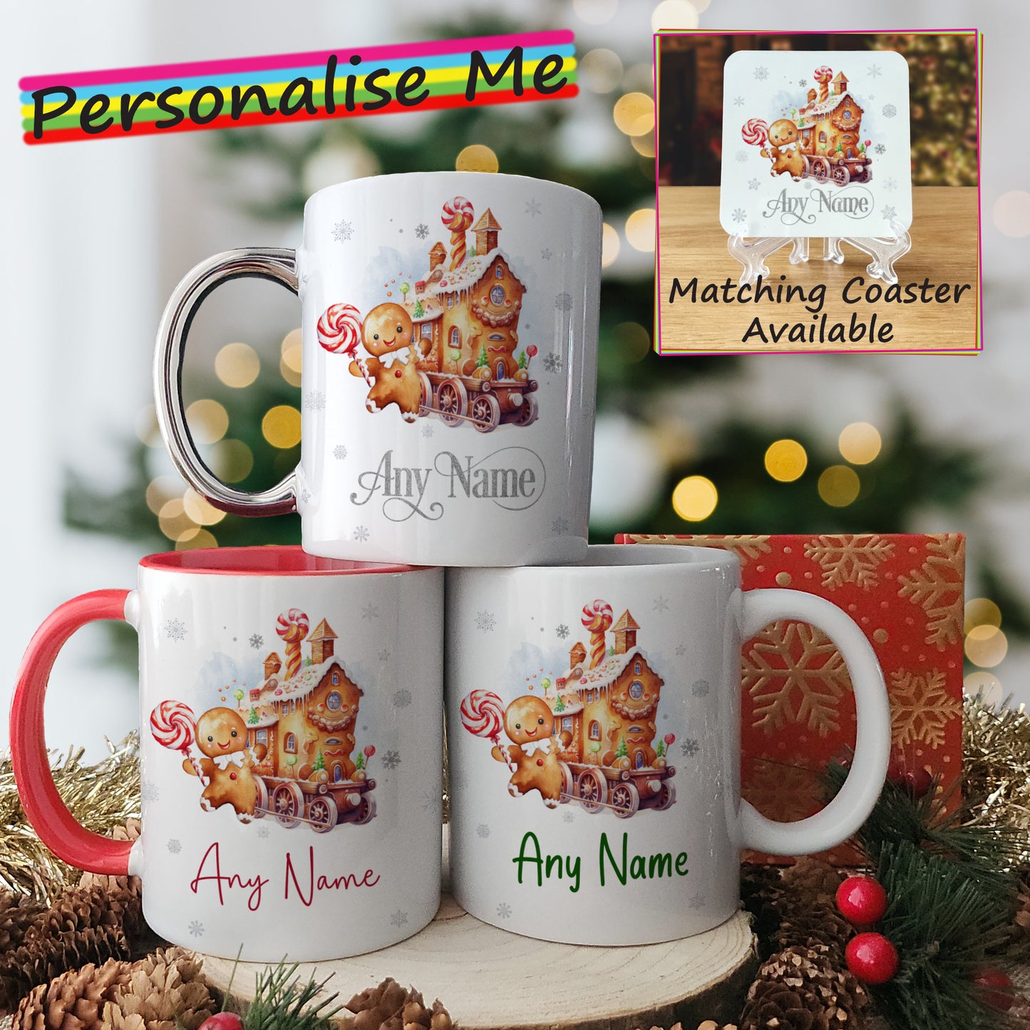 Gingerbread House Christmas Mug and Coaster Set - Hot Chocolate Mug with Name